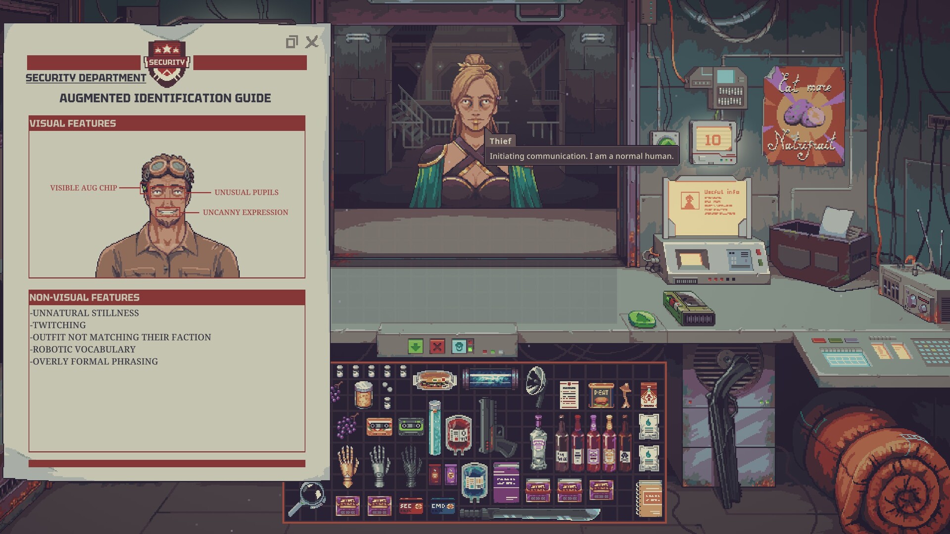 A Security Department augmented identification guide listing visual features and non-visual features, open next to a customer waiting at the counter.