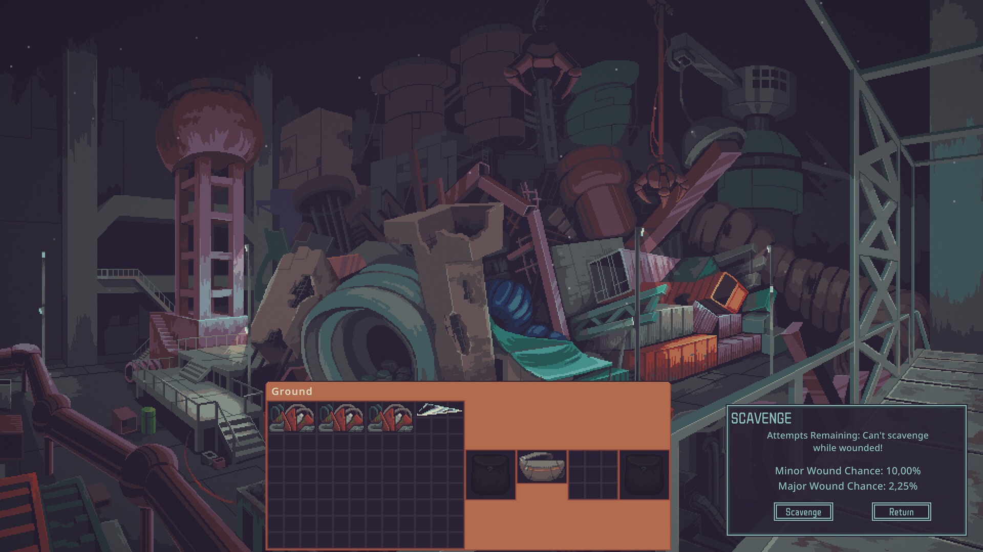 A dark scrapyard at night with the in-game SCAVENGE panel showing remaining attempts and the minor and major wound chances.