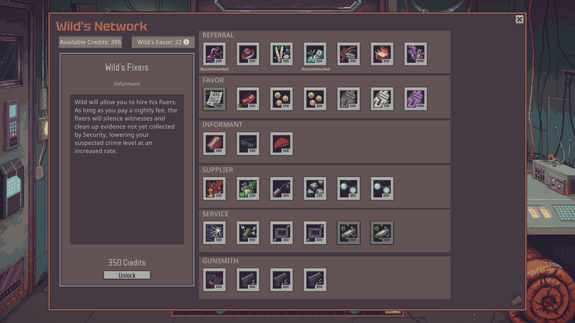 The Wild's Network vendor menu showing Joe Wild's Fixers, available credits, favour and rows of referral, favour, informant, supplier, service and gunsmith goods with prices.